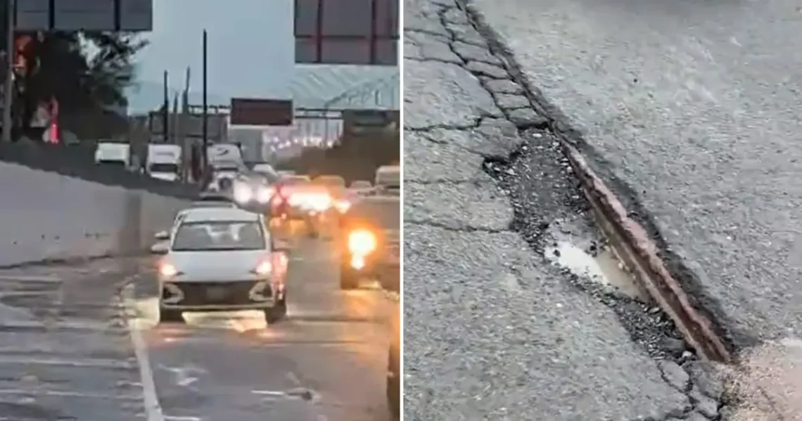 Un bache inesperado en la autopista al Aeropuerto de Monterrey genera alarma entre los conductores, afectando a más de 10 vehículos.